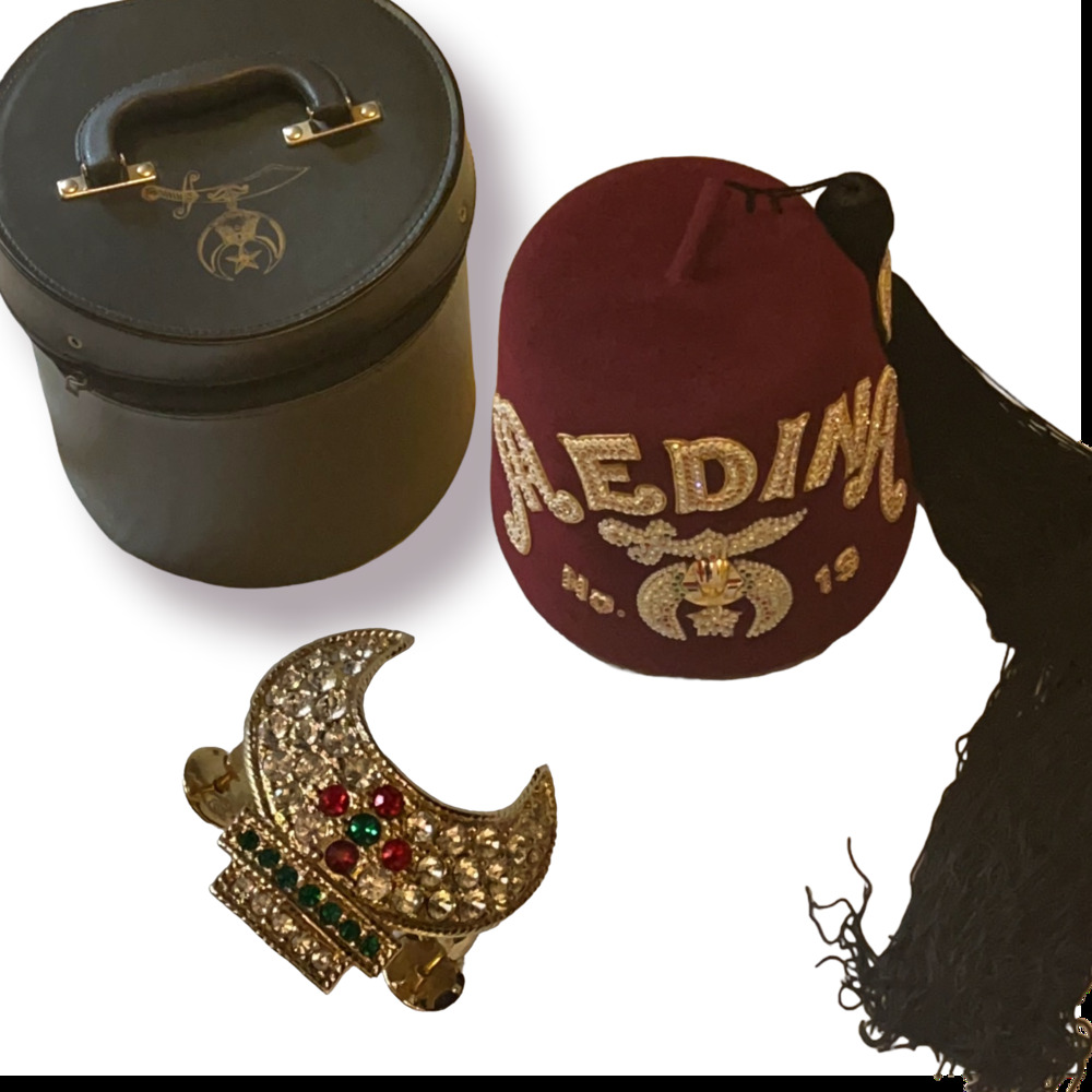 Vintage Masonic Freemason Jeweled Shriner Hat, Crescent Hat Pin  & Case